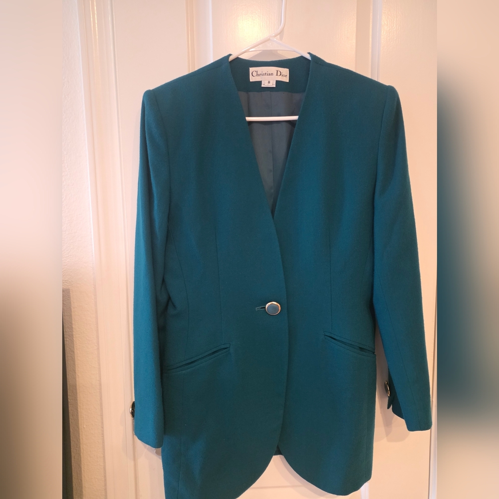 Vintage Teal Christian Dior Skirt Suit Set Size 8. - Picture 3 of 16
